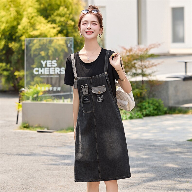 夏季新款时尚休闲背带裙子洋气收腰显瘦小个子假两件牛仔连衣裙女,商品下架区,蓝诺裳