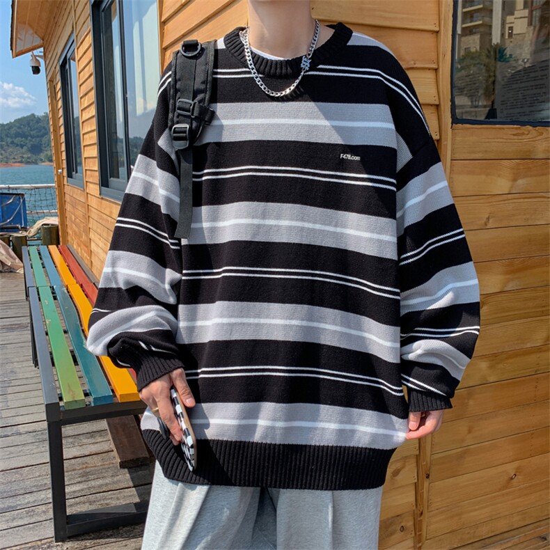 秋款男针织衫圆领套头毛衣条纹拼接字母印花打底外套M603P40,男装针织衫/毛衣,星座1013-1