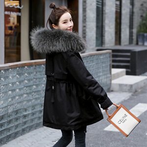 棉衣/棉服2021新款冬仿羊羔毛中长款工装带帽棉服女外套配毛领图片