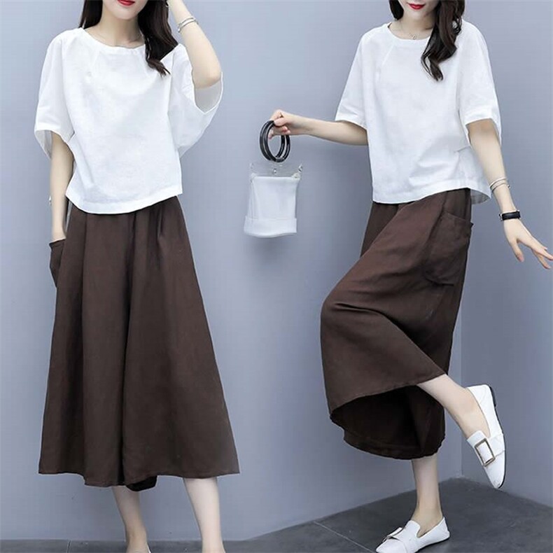 （现货）棉麻时尚套装女夏季新款休闲套装洋气阔腿裙裤亚麻两件套，女装套装/套裙，韩蔻秀