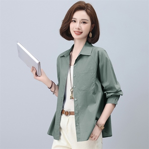 衬衫女大码纯色常规单排多扣宽松棉长袖2024年春季，女装衬衫，曼沙奕珂