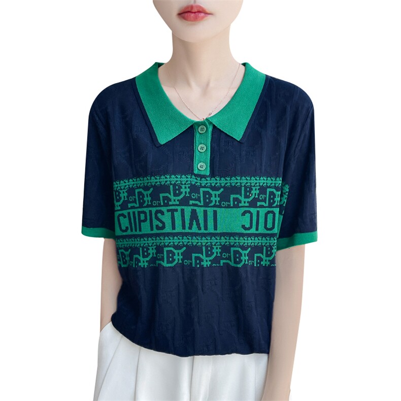 夏季新款天丝polo领拼色字母提花短袖女宽松百搭显瘦时尚休闲上衣,女装T恤,暖娇绒包芯纱店