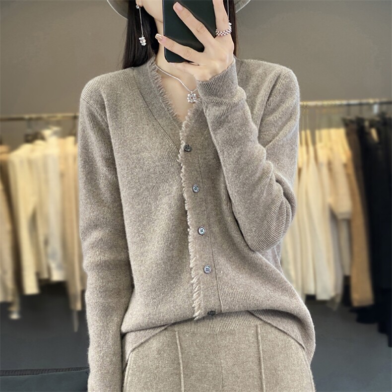 针织圆领开衫女毛衣外套早春初秋冬新款长袖宽松韩版洋气穿搭短款,女装羊毛衫,羿纯羊绒