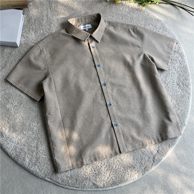 XZ10-TTH455-P48青花扣亚麻混纺棉麻条纹短袖衬衫老钱风cleanfit,男装T恤,星座1005-1