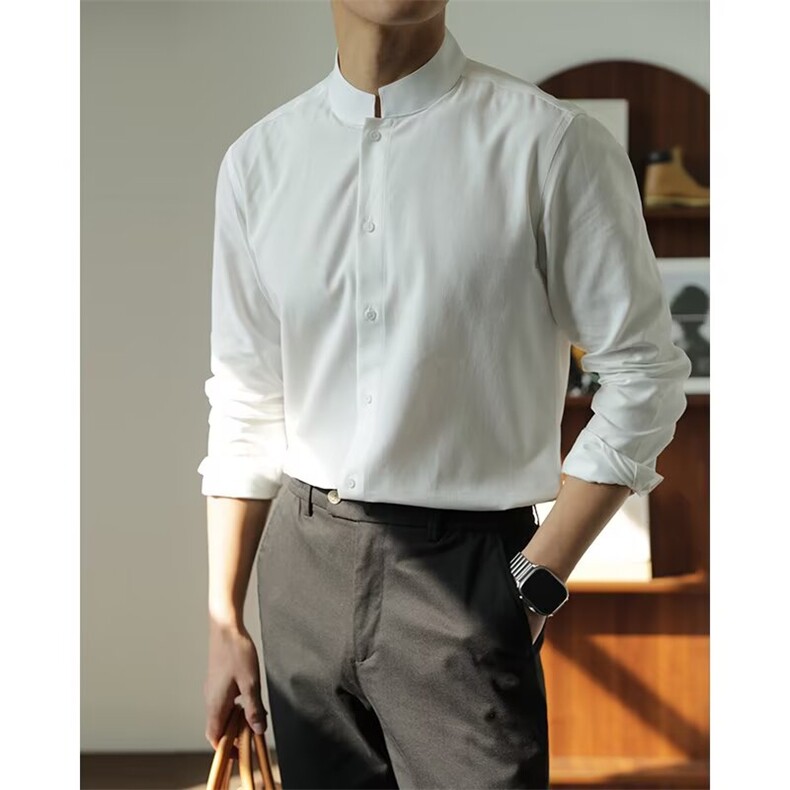 圆领中山装衬衫男士条纹立领衬衣长袖修身商务休闲免烫白衬衣衬衫，男装衬衫，星座506A