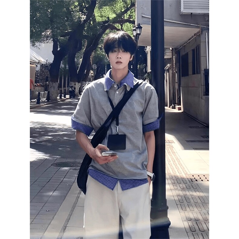 得物抖音高品质二开夏季美式潮牌高街假两件格子衬衣翻领短袖T恤,男装T恤,电商A486