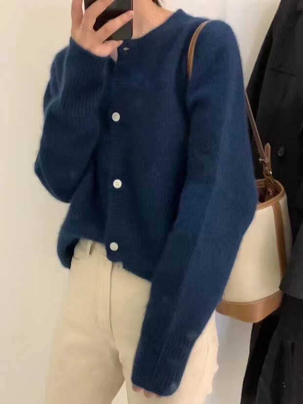 慵懒风复古软糯V领开衫毛衣女外穿短款宽松春秋冬,针织衫/毛衣,羿纯羊绒