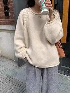 卷边圆领100%纯羊毛衫女加厚宽松慵懒风针织毛衣百搭羊绒打底上衣图片
