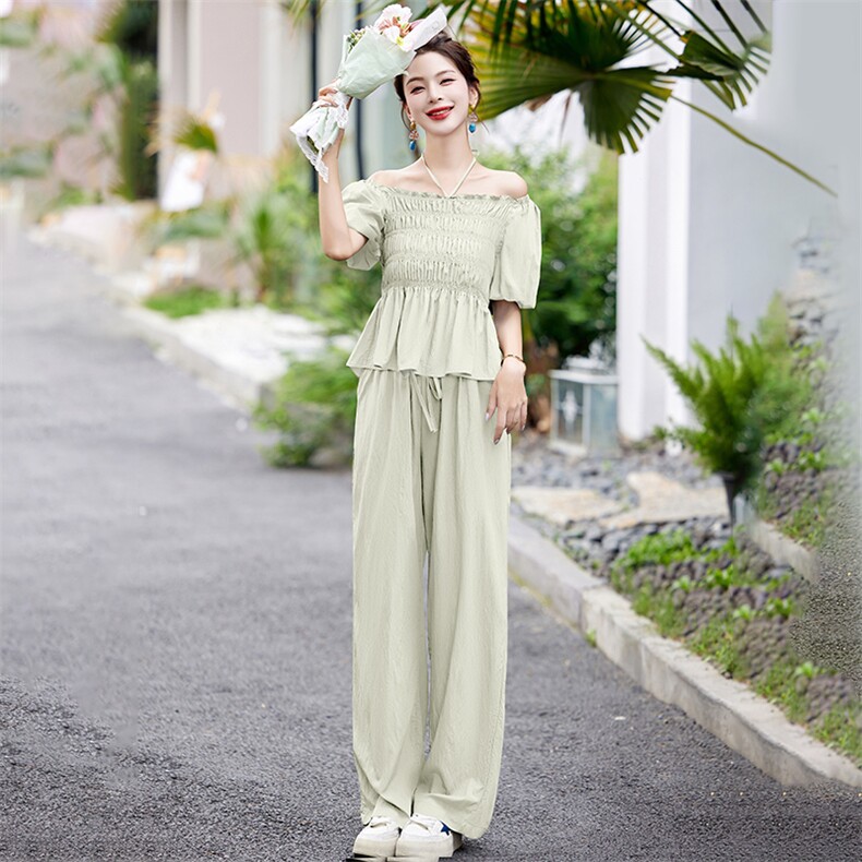 欧货休闲阔腿裤套装女2025夏新款时尚小个子娃娃衫显瘦遮肉两件套,女装套装/套裙,美静678