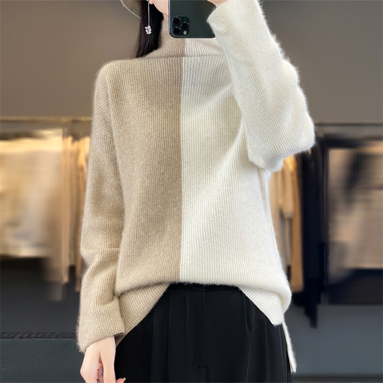 2025年秋季时尚百搭通勤简约休闲左右拼色堆堆领羊毛衫，女装羊毛衫，丽特绒