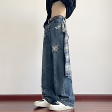 美式牛仔裤设计感弯刀贴布长裤宽松阔腿裤子女N0363-P65，男装牛仔裤，星座308B-2