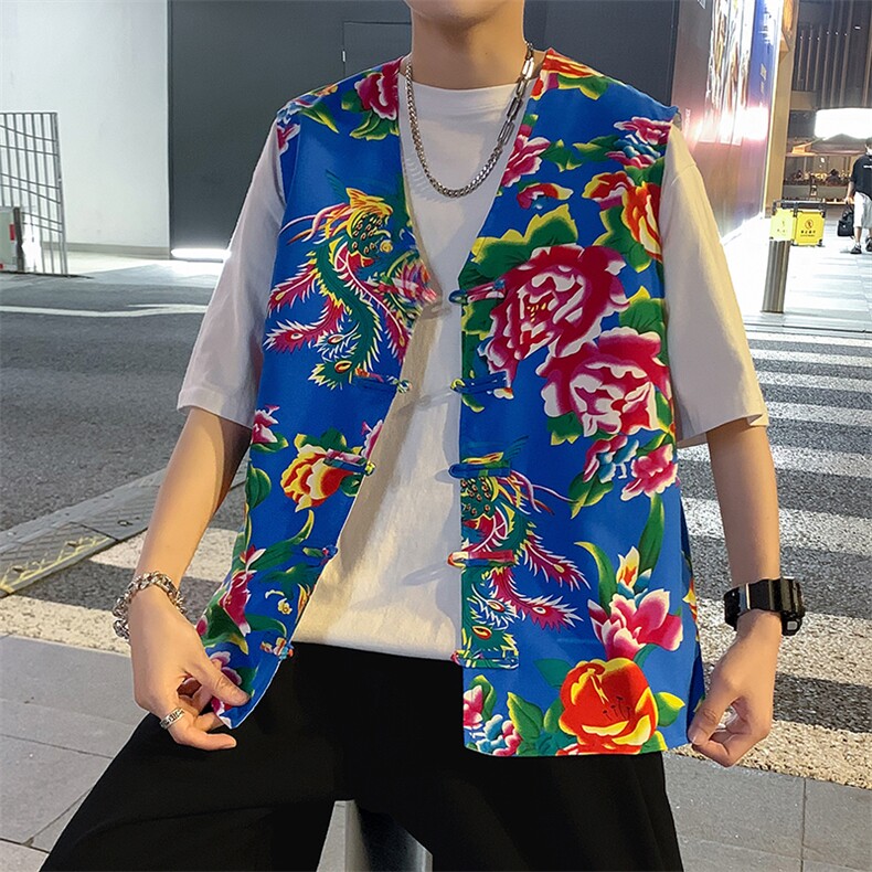 秋新东北大花布马甲修身背心马甲坎肩盘扣演出服男女大码外衣MJ02,男装背心/马甲,星座115A(原星座507）