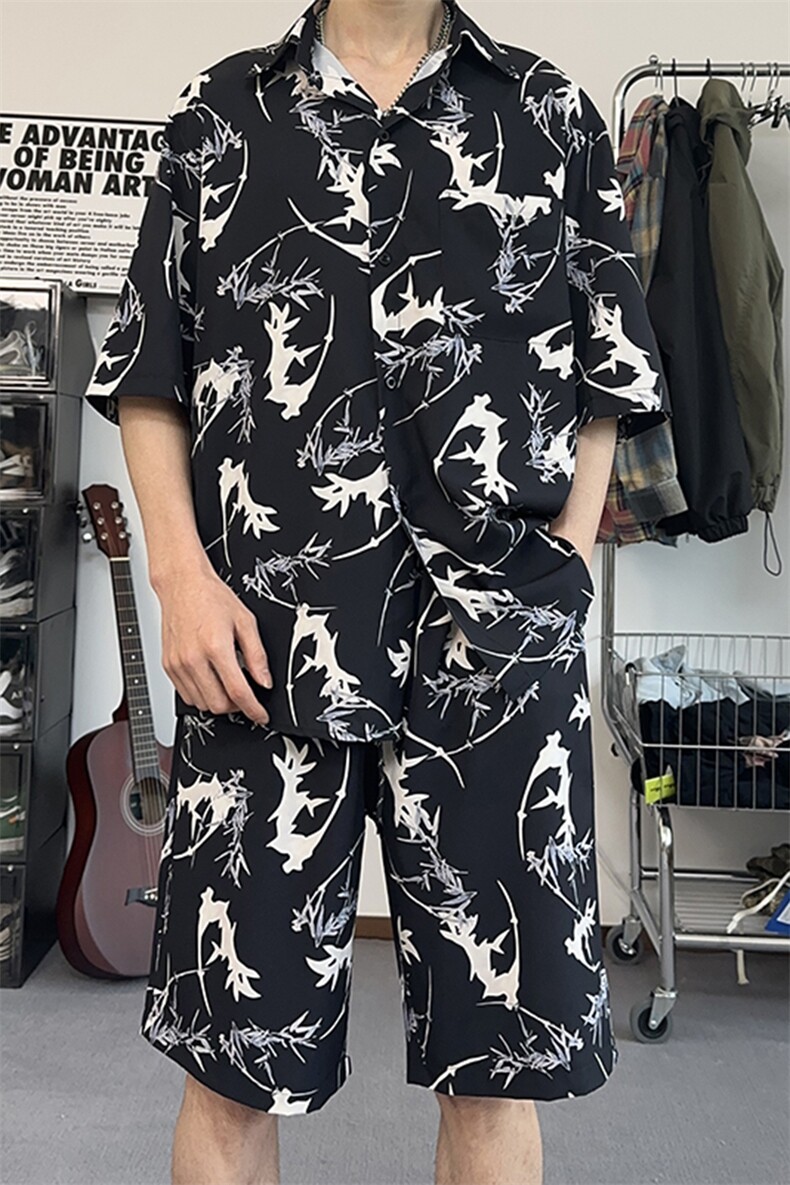港风泼墨印花休闲套装夏季学生宽松休闲短袖短裤两件套TZ103-P43,男装休闲套装,电商A178