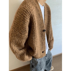 美拉德棕色毛衣男款秋冬季慵懒风高级感针织开衫美式复古加厚外套图片