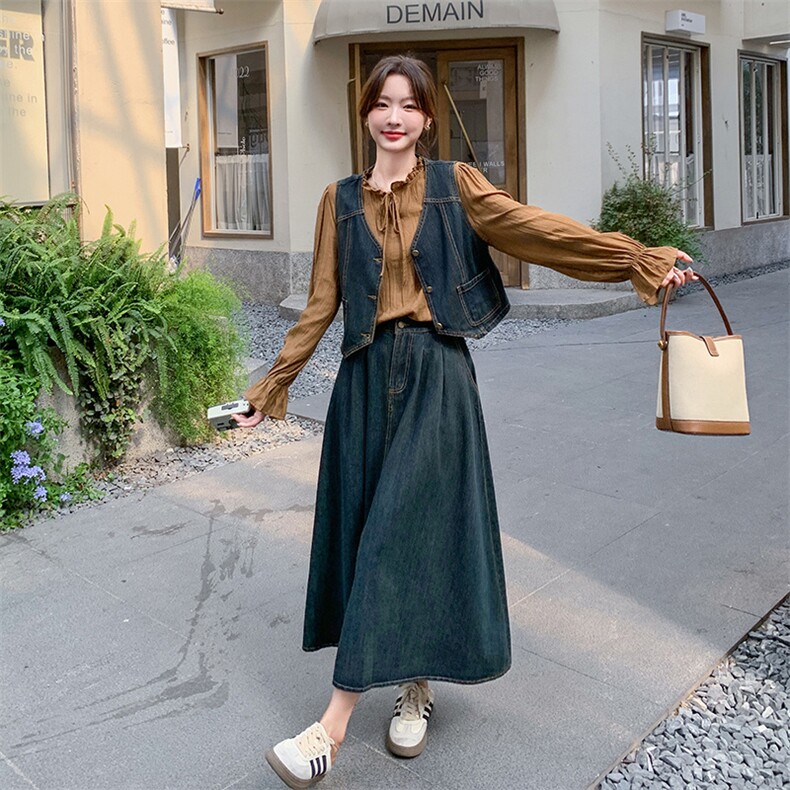 复古衬衫牛仔马甲三件套春秋女2026春新宽松设计感半身裙时尚套装，女装套装/套裙，印象茜