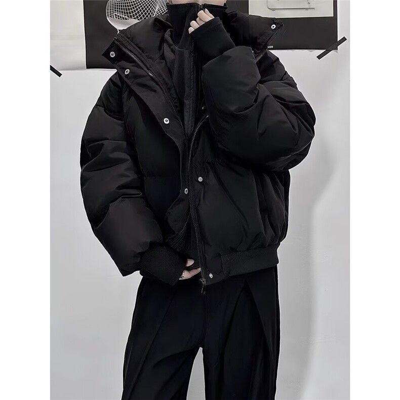 纯色假两件立领短款棉服外套男女同款冬季加厚面包服保暖黑色棉衣,男装棉衣,星座506A