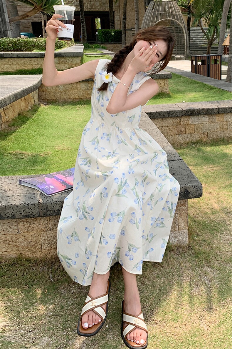 法式甜美碎花雪纺背心连衣裙女2025夏季新款韩版收腰显瘦桔梗长裙,女装连衣裙,C位