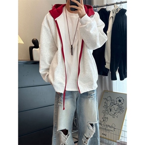 藏青色连帽开衫卫衣男秋季美式撞色设计感休闲运动上衣服情侣外套图片