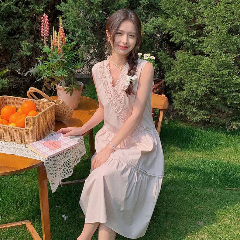 浅粉色木耳边无袖连衣裙女2025夏季新款韩系小个子甜美减龄背心裙,女装连衣裙,浙宝220