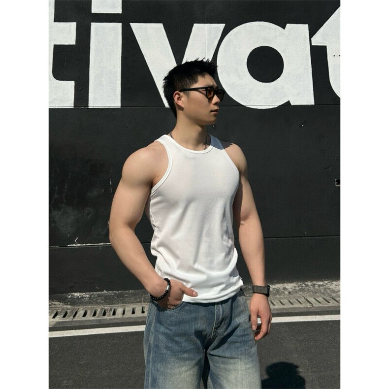 重磅弹力透气螺纹背心男款打底t恤弹性健身运动310A-4-BX66-P13图片