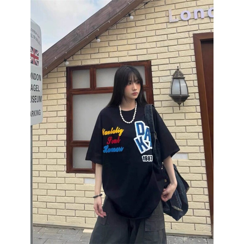 H0519-p35毛巾绣+发泡印花大尺寸包边拉肩短袖T恤衫,女装T恤,星座617A-2