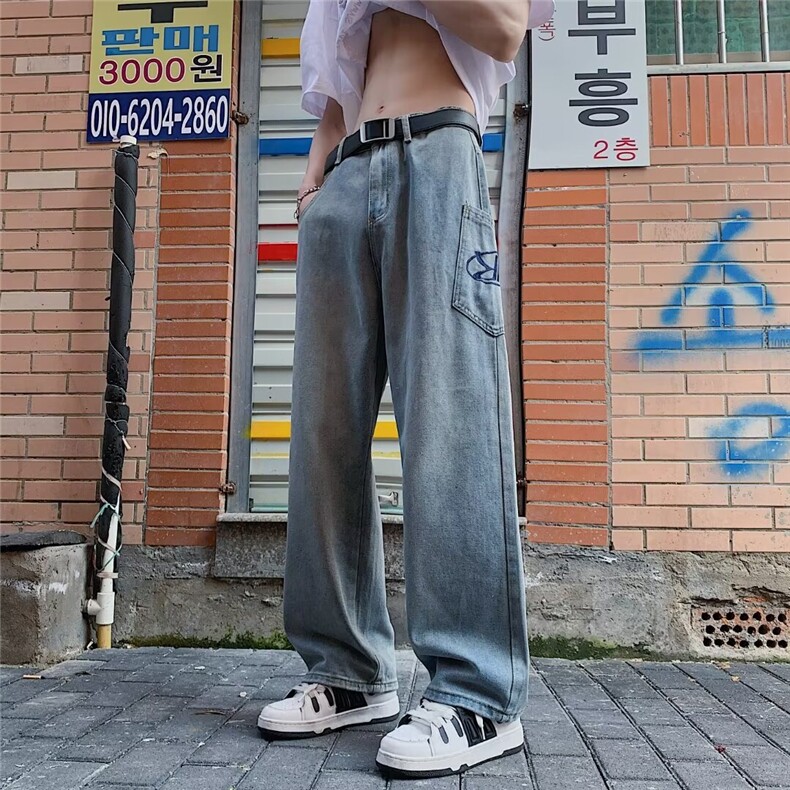 新款港风高街牛仔裤复古水洗潮牌百搭直筒休闲阔腿裤男81511-p40,男装牛仔裤,星座1008-1