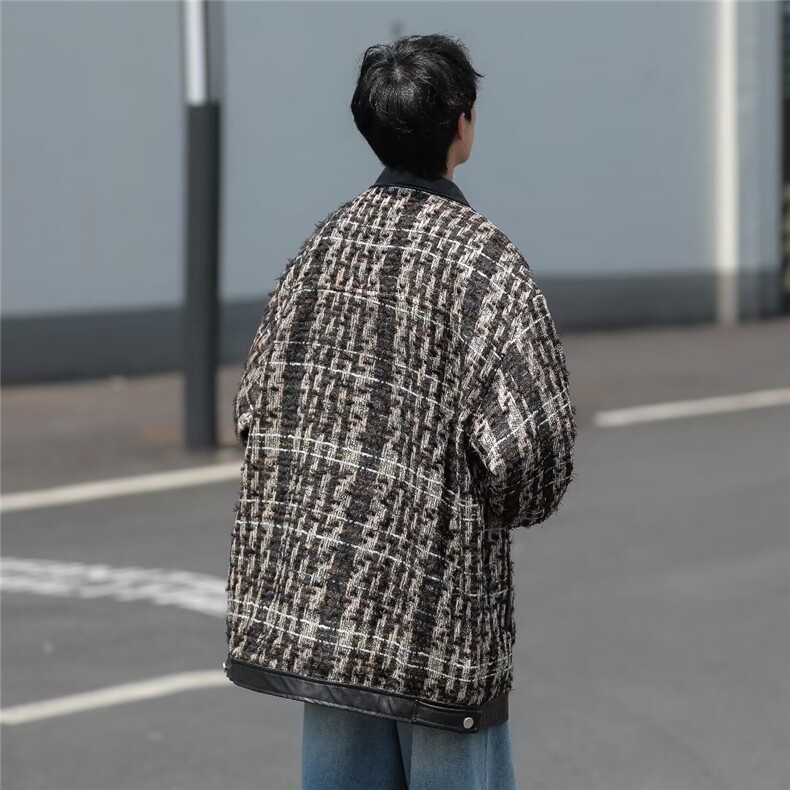 小香风夹克男韩版潮流拼皮帅气2023秋冬新款ins宽松外套W4740-P73,男装夹克,星座412-3