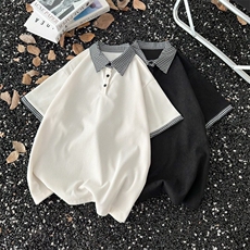 黑色假两件拼接短袖T恤男款夏季高级感青少年POLO衫衬衫领半截袖，男装T恤，星座601-1