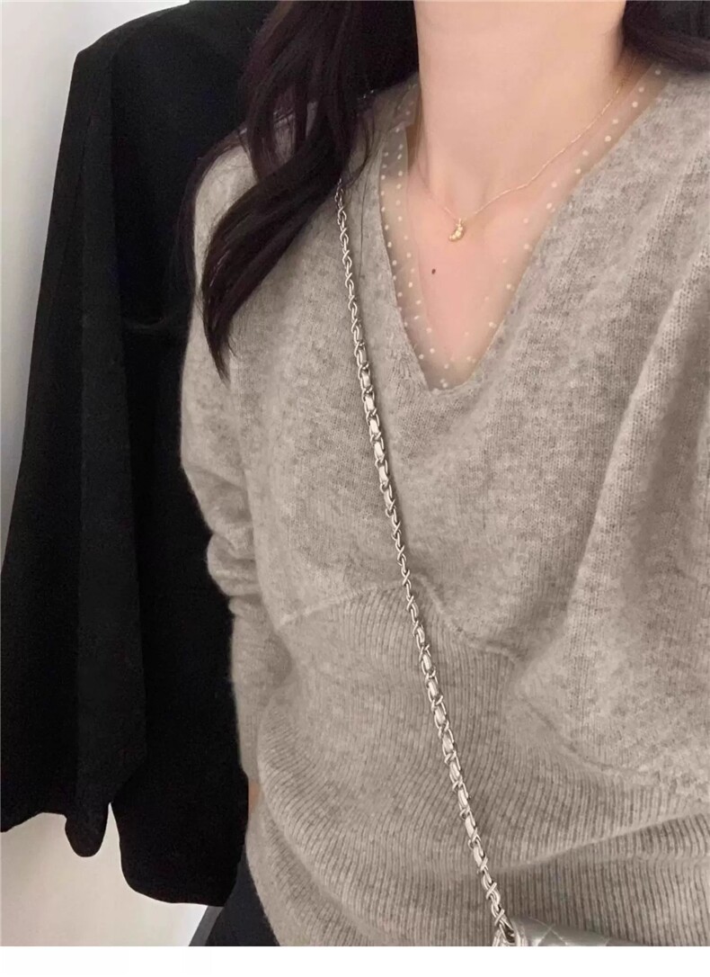 秋冬V领蕾丝花边羊毛衫女宽松显瘦针织打底衫毛衣内搭上衣时尚潮,针织衫/毛衣,雪真羊绒