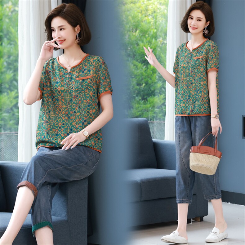 2023年春夏季新款时尚碎花套装女休闲气质韩版简约两件套装牛仔裤，女装套装/套裙，简韵佳