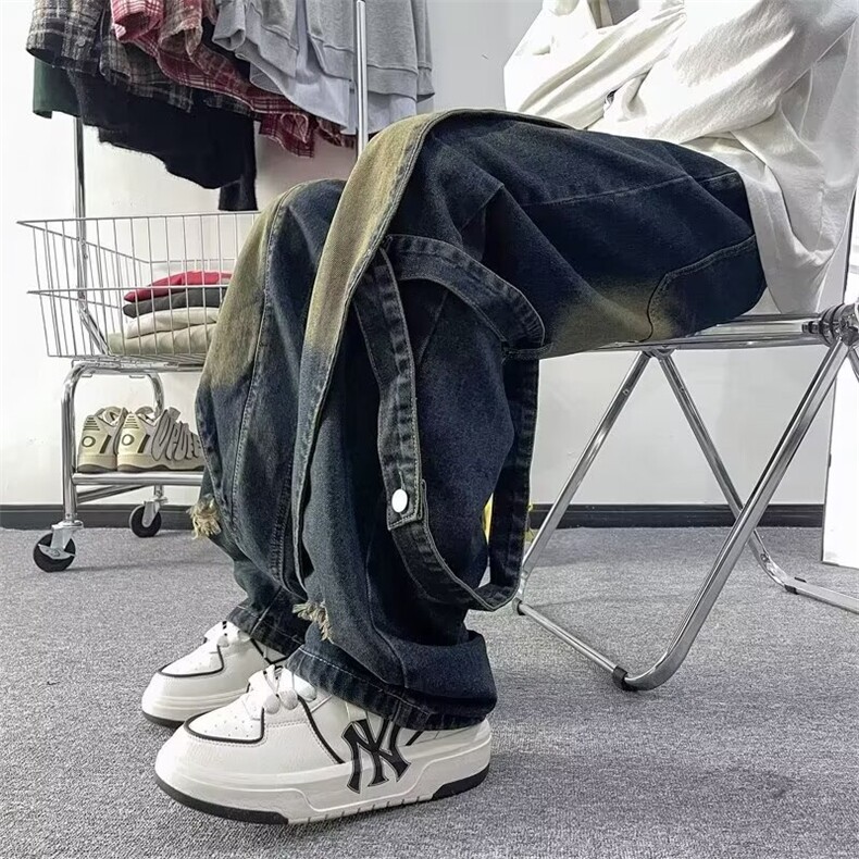 秋季拼接假两件牛仔裤男直筒做旧水洗高街美式休闲潮牌痞帅裤子,男装牛仔裤,星座410-6（原星座1304-1）