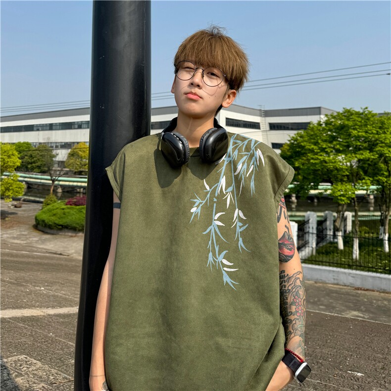 粉色麂皮绒高级感情侣短袖T恤男夏季潮牌宽松重磅新中式国风半袖,男装背心/马甲,星座605(原A050)