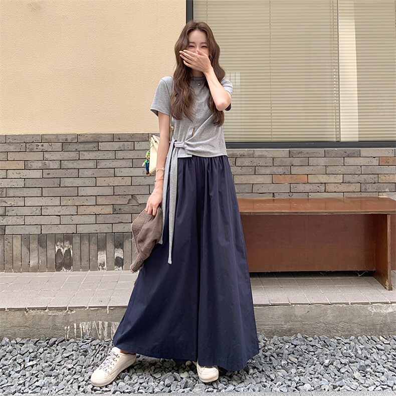 设计感不规则短袖套装女2025夏新款休闲系带上衣显瘦阔腿裤套装女,女装套装/套裙,浙宝220