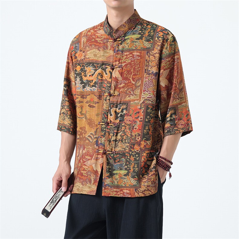 男士衬衫五分袖衬衣中袖印花立领唐装风XZ1512-2605-P45,男装T恤,星座1512