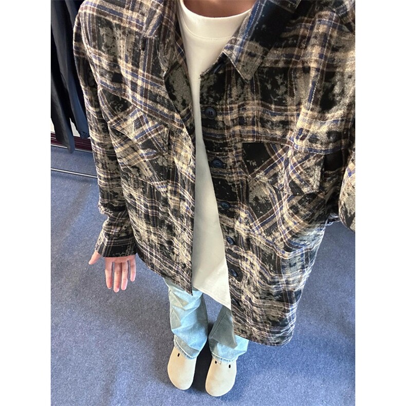 美式做旧格子衬衫男外套男女流苏破坏风情侣衬衣长袖C201,男装衬衫,星座1116A（原606A-3）