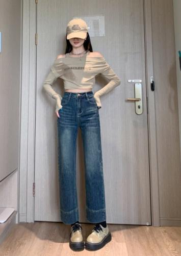 春秋款时尚休闲宽松直筒裤女,女装牛仔裤,宸诺服饰