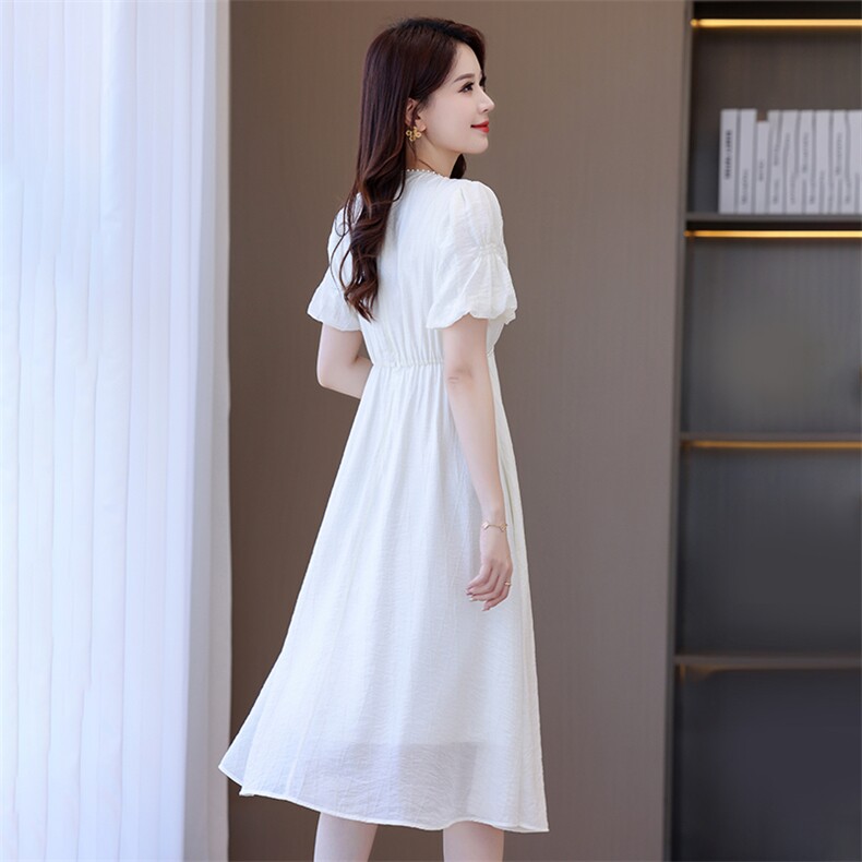 2024夏季新款修身显瘦V领连衣裙甜美气质泡泡袖长裙,女装连衣裙,阳光伊恋