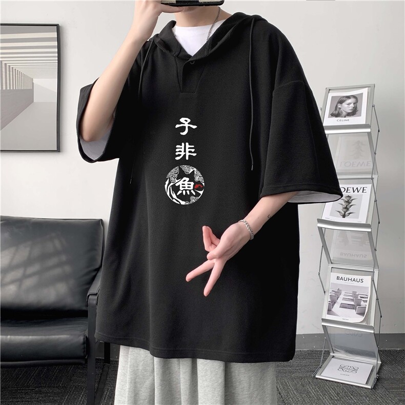 LD54070-P45 连帽短袖t恤男大码胖子带帽五分袖中袖 大皂风图片