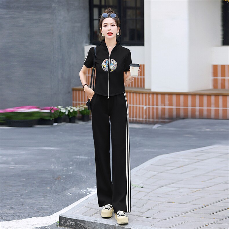新中式刺绣两件套女2024夏季新款时尚气质百搭显瘦阔腿裤休闲套装,女装套装/套裙,梦依杭