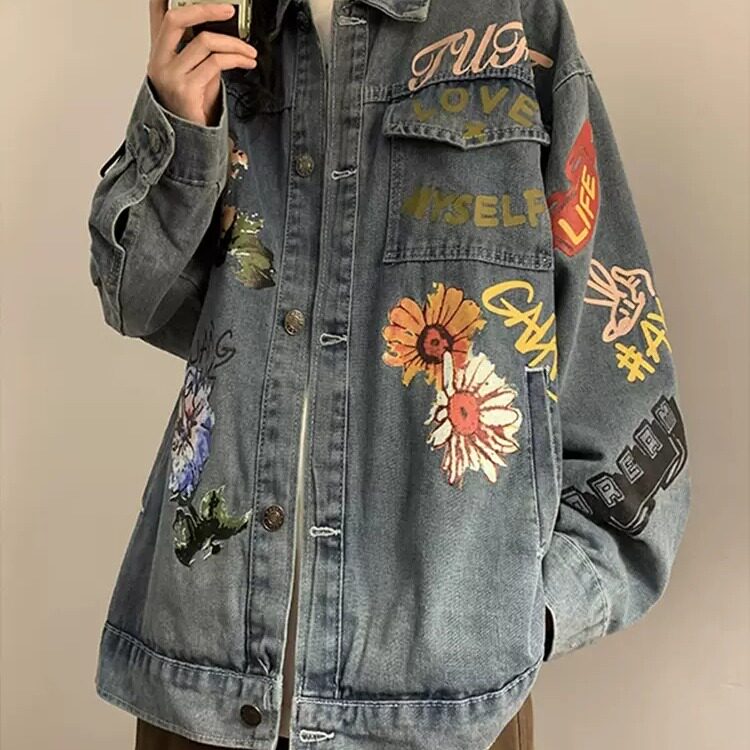 复古水洗牛仔外套男春秋潮牌花朵印花夹克宽松百搭做旧情侣款上衣图片