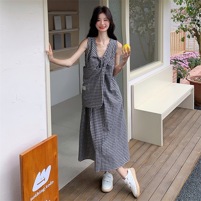 2C085-Q088P130新款复古格子前后两穿连衣裙+包包K198,女装连衣裙,2C085