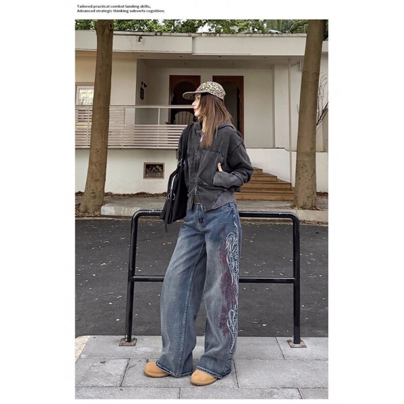 美式复古刺绣宽松直筒竹节纹牛仔裤男女阔腿街头cleanfit长裤潮,男装牛仔裤,四季星座505