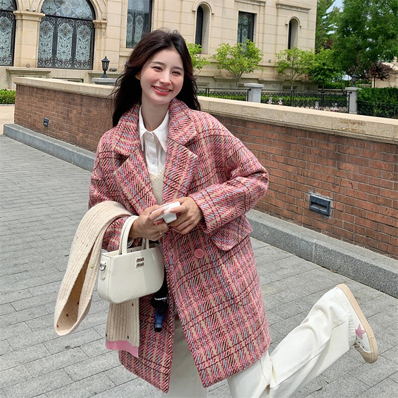 格子淑女宽松毛呢大衣时尚百搭显瘦外套,女装毛呢外套,天使之佳话
