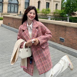 格子淑女宽松毛呢大衣时尚百搭显瘦外套图片