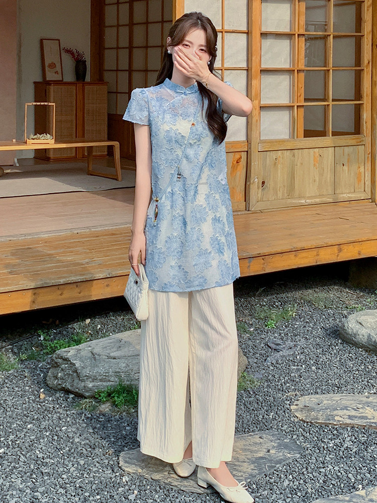 新中式国风套装女夏高级感复古提花时尚洋气减龄显瘦阔腿裤两件套,女装套装/套裙,玖莱伊