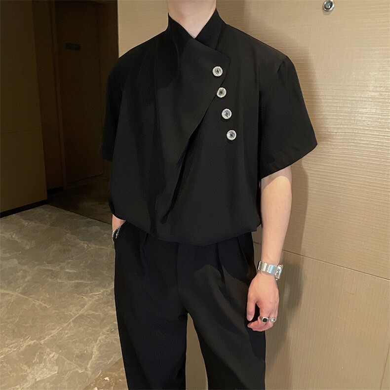 夏季新中式小众高级不规则宽松垂感短袖衬衫男士风衬衣CS860P60图片