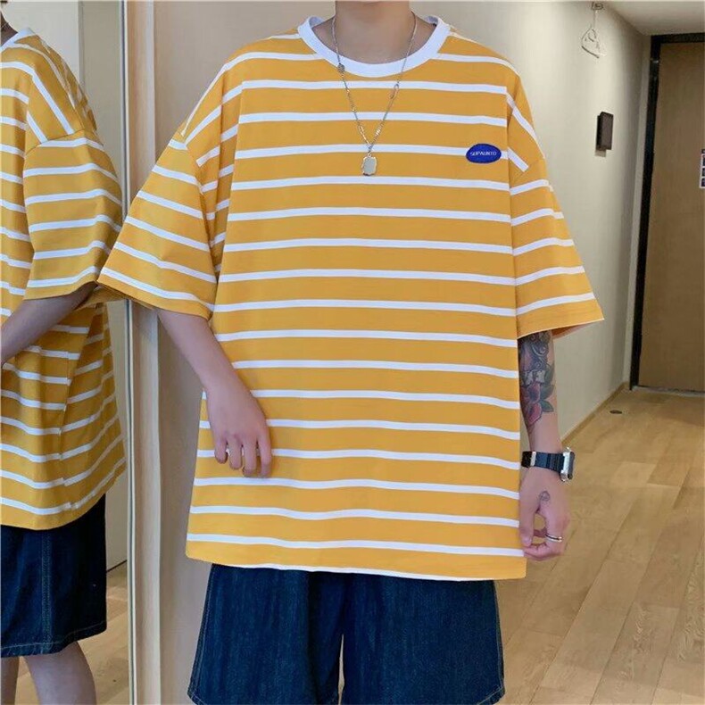 夏季黄色条纹短袖男t恤ins超火宽松学生衣服男女港味chic,男装T恤,星座218-1（原230）