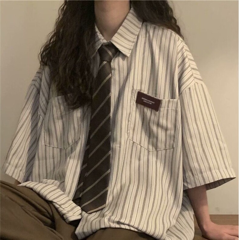 D583-P35新款日系女宽松百搭学院风短袖条纹衬衫上衣夏-网图现货,男装衬衫,星座603-2