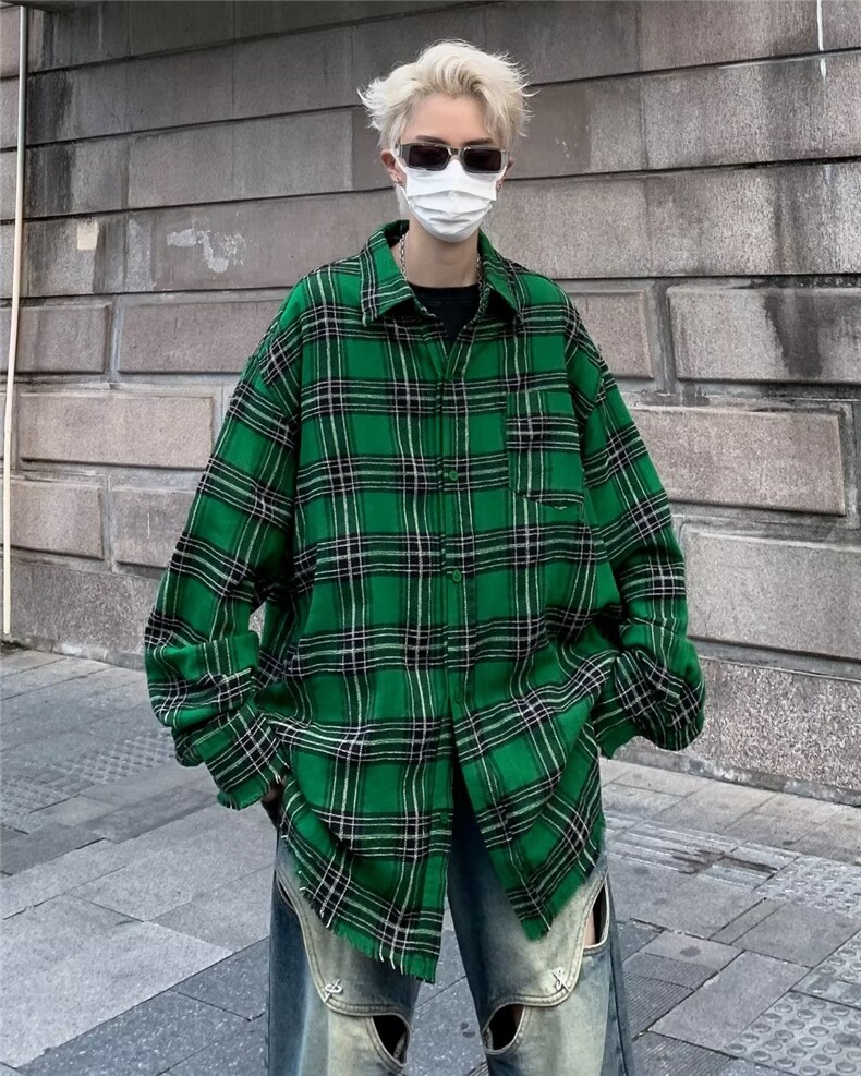 美式复古毛边格子衬衫男女设计感小众春秋宽松开衫外穿长袖上衣,男装衬衫,星座601-2