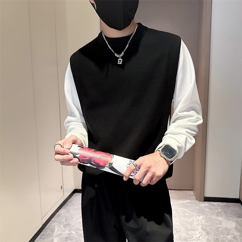 痞帅炸街男士拼接套头外套毛衣社会小伙店主风301C-M35-P88-控118图片